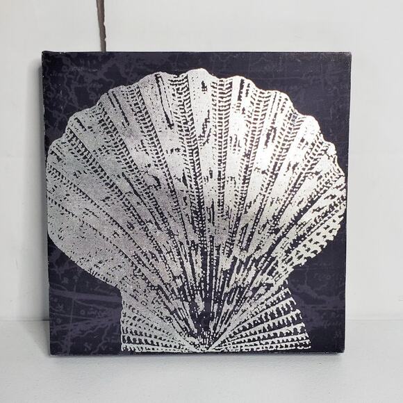 Unbranded Other - Nautical Metallic Silver Scallop Seashell Canvas Square Wall Art Decor